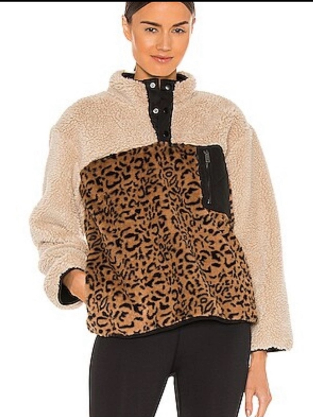 Rails Cozy Sherpa Pullover Jacket in Beige with Leopard Print size XS